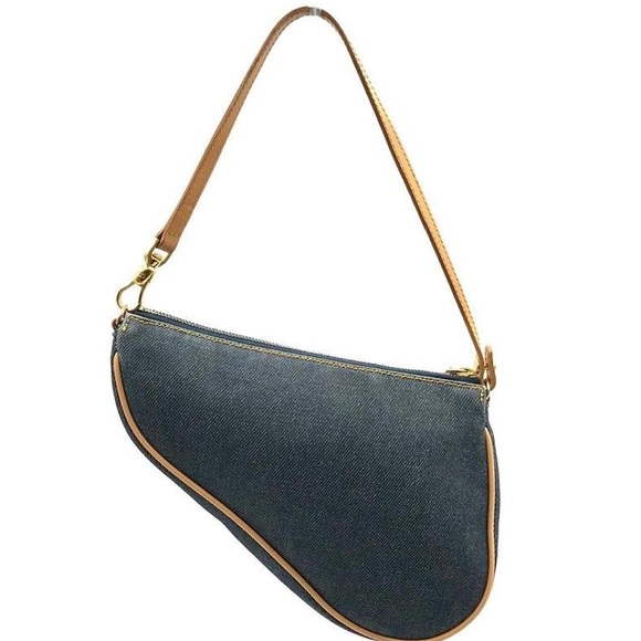 AUTH DIOR Y2K DARK DENIM & TAN LEATHER MINI SADDLE BAG VINTAGE EUC POUCHETTE - Picture 9 of 17